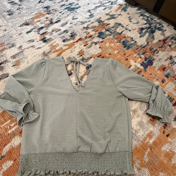 V Neck Tie Back Blouse Maurices soft green long sleeve dressy top elastic waist - Picture 6 of 8